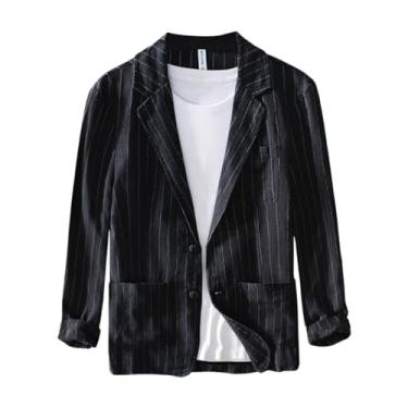 Imagem de UEAUY Blazer masculino listrado de linho, casaco solto, leve, esportivo, ternos elegantes, Preto, X-Small