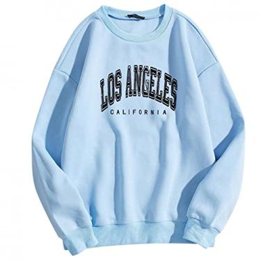 Imagem de Los Angeles California – Moletom vintage feminino com gola redonda, camisa solta de manga comprida Meninas adolescentes Tamanho Plus Jersey Cair Combinação bainha salão I64-Azul 3X-Large