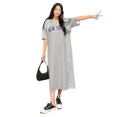 Imagem de Camisa Feminina Letter Graphic Drop Shoulder Tee Dress (Color : Gray, Size : L)