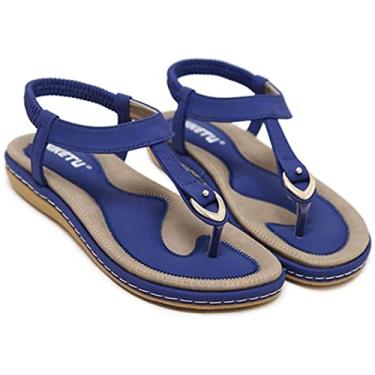 Imagem de Sandálias de salto baixo com tira em T para mulheres boêmias metálicas sandálias femininas estilo tanga aconchegante verão praia, Azul, 37