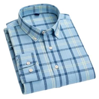Imagem de Camisa xadrez casual de linho de algodão masculina respirável verão manga longa roupas listradas com bolso frontal, T0c18-03, G