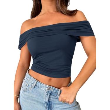 Imagem de MEROKEETY Camisetas femininas de verão 2024 com ombros de fora e manga curta franzidas sexy, Azul marino, M