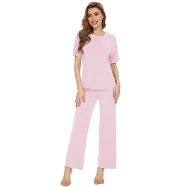 Imagem de WiWi Conjunto de pijama feminino de viscose de bambu, blusa e calça de manga curta, conjunto de pijama macio P-2GG, rosa, M