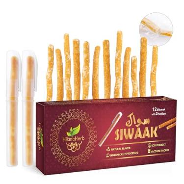 Imagem de HikmaHerb Pacote com 12 bastões Miswak com 2 suportes – Palitos de mastigar naturais selados a vácuo para dentes – Escova de dentes com sabor natural para clareamento dental, saúde bucal e hálito