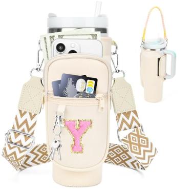 Imagem de LOKASS Bolsa de transporte inicial para garrafa de água com alça para copo Stanley Cup 1,134 g Suporte de garrafa de água personalizado A-Z com alça ajustável para acessórios de copo Stanley bolsa de