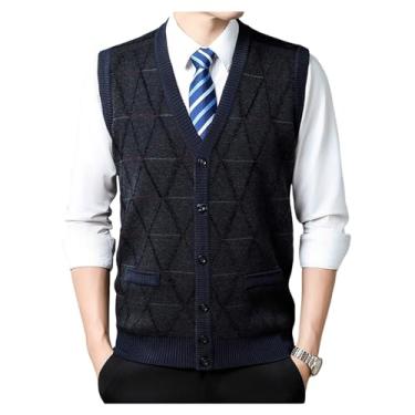 Imagem de Cardigã masculino gola V Jacquard tricotado sem mangas colete leve negócios suéter trespassado, Cor 1, 4G