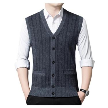 Imagem de Colete cardigã masculino sem mangas gola V tricotado grosso quente com botões listrados na parte inferior, Cinza, G