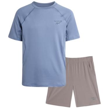 Imagem de Reebok Conjunto de shorts ativos para meninos - camiseta de manga curta de desempenho de 2 peças e shorts de tecido - conjunto esportivo para meninos (8-12), Azul empoeirado, 12