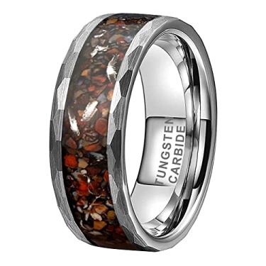 Imagem de TUTISS Anéis de tungstênio martelado prateado/preto de 8 mm para homens e mulheres, alianças de noivado, osso de dinossauro, meteorito, lascas embutidas, fosco, ajuste confortável, Metal, Sem pedra