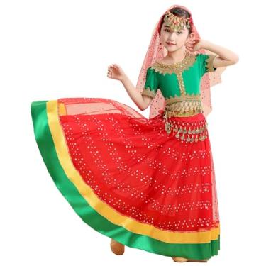 Imagem de ORIDOOR Vestido de dança do ventre para meninas, fantasia indiana de Bollywood, dia das bruxas, saias de chiffon brilhantes para dança do ventre, roupa de 4 peças, A verde + vermelho, 8-10 Years