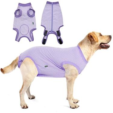 Imagem de Sychien Terno de recuperação de cães roxo feminino Spay camisa média cirúrgica masculina, terno de recuperação de cirurgia masculina, listrado, roxo-branco, M