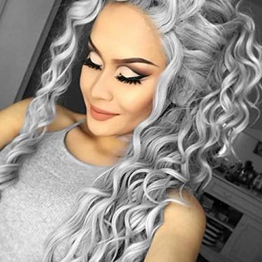 Imagem de Fencca Peruca cinza longa encaracolada sintética de cabelo ondulado cinza para mulheres, parte livre, peruca longa ondulada cinza