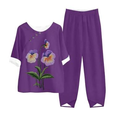 Imagem de Conjunto feminino de duas peças com mangas de linho de algodão, ajuste solto, camisa de conscientização de Alzheimer e conjunto de perna larga, Roxa, 5X-Large