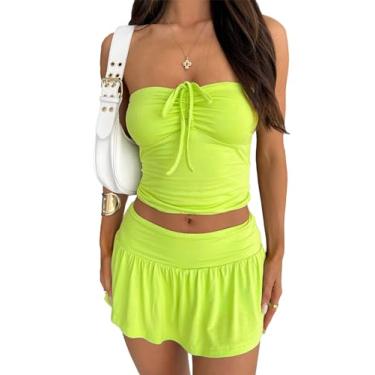 Imagem de ThusFar Conjunto de 2 peças de saia para mulheres sexy Y2k ombro de fora com cordão, top cropped plissado, conjunto de minissaia combinando, Verde, G