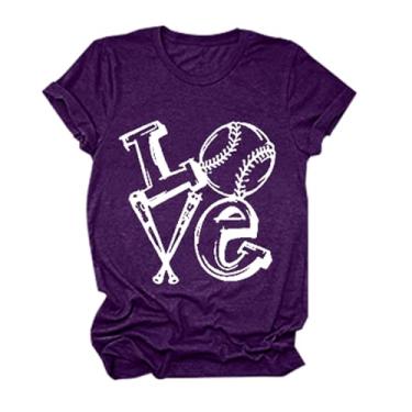 Imagem de Camiseta feminina com estampa de beisebol, caimento solto, gola redonda, túnica de manga curta, camiseta de beisebol de verão, Roxa, G
