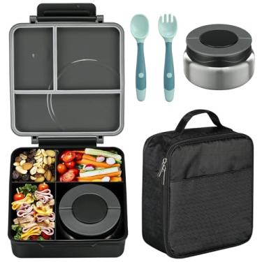 Imagem de Conjunto infantil de lancheira bentô box e pote térmico de sopa com 236 ml, recipiente à prova de vazamento, com 4 compartimentos, pote térmico para comida quente, para escola – preto