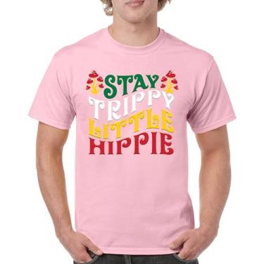 Imagem de Camiseta masculina Stay Trippy Little Hippie Puff Print Hippies Vintage Peace Love Happiness Retro 70s Cogumelos, Rosa claro, P