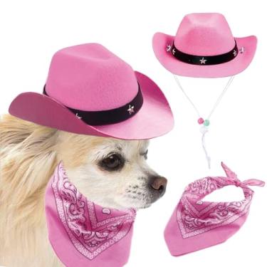 Imagem de AWOCAN Chapéu de cowboy e bandana para cães, gatos, sombrero, cachorro, gato, fantasia, cosplay, boné, cachorro, gato, férias, decoração de festa (rosa)