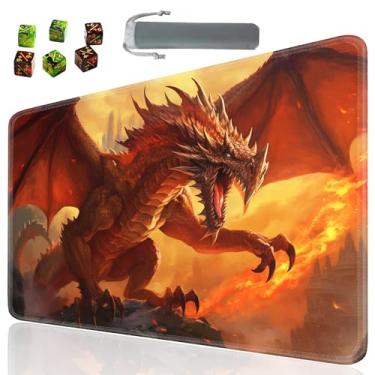 Imagem de SOTWONSO Tapete de mesa TCG de jogo de tabuleiro, tamanho de jogos, 60 x 35 cm, compatível com MTG RPG CCG, jogo de cartas colecionáveis com 6 dados (tapete 7) dragão vermelho 1