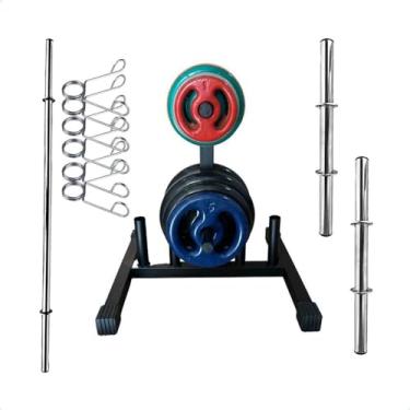 Imagem de Kit Musculação com Suporte + 100 Kg de Anilhas Emborrachadas com Barras
