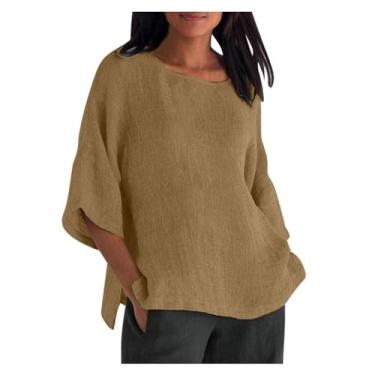 Imagem de Túnica feminina de algodão e linho, manga 3/4, gola redonda, caimento solto, blusa de linho para mulheres, Caqui, G