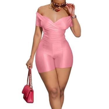 Imagem de ThusFar Conjunto de 2 peças de calças para mulheres, sexy, ombros de fora, manga curta, gola V, cintura alta, shorts skinny, rosa, XXG