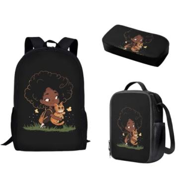 Imagem de Wismoutput Mochila escolar 3 em 1 para crianças, mochila casual projetada para meninas e gatos africanos com lancheira, estojo, caneta, viagem, trilha, escalada, multiuso