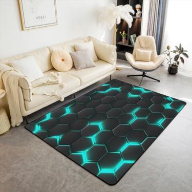 Imagem de Erosebridal Beehive Tapete hexagonal quadriculado para quarto e sala de estar, tapete geométrico com estampa hexagonal, luz neon, geométrico, favo de mel, tapete decorativo, 3x5