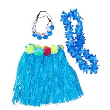 Imagem de Fantasia Infantil Juvenil Havaiana Festa Carnaval Hawaiana: Saia + Colar + 2 Tiara Flores Cor Sortidas (Azul)