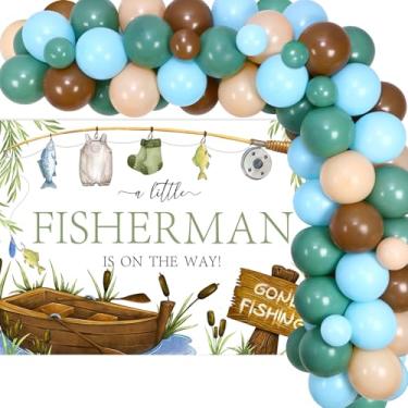 Imagem de kreat4joy Fishing Baby Shower Decorations for Boy, Gone Fishing Baby Shower Decorations, Blue Green Brown Balloon Arch with a Little Fishman Is On The Way Backdrop for Fish Outdoor Adventure Camping