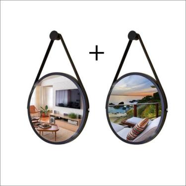 Imagem de Kit 2 Espelhos Redondo Decorativo Suspenso Alça 40cm + Suporte Preto A