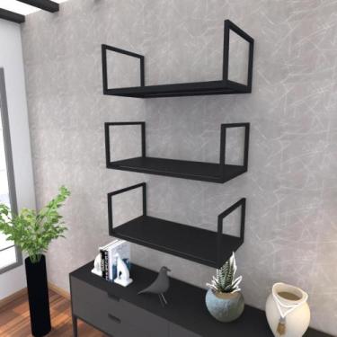 Imagem de Prateleira industrial suspensa estante parede nicho preto ferro e made
