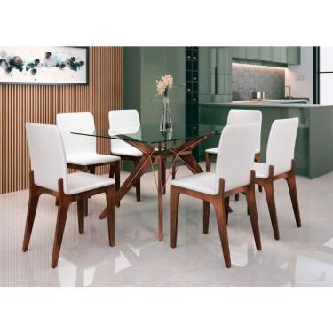 Imagem de Conjunto de Mesa de Jantar com Tampo de Vidro Incolor e 6 Cadeiras Darwin Vinil Branco