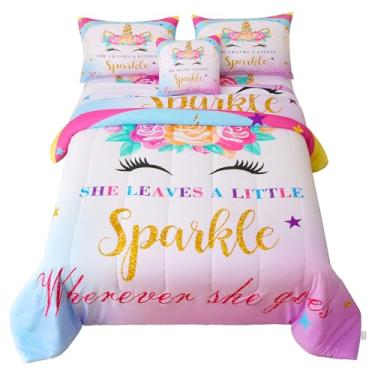 Imagem de Namoxpa Conjunto de edredom com 6 peças, estampa de unicórnio rosa azul 3D, decoração de 6 peças com edredom, lençol de cima, lençol com elástico, fronha, tamanho solteiro