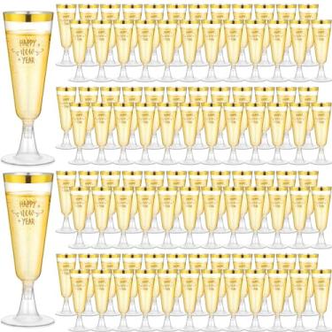 Imagem de Zhehao 100 peças de taças de champanhe de plástico a granel 141.7 g descartáveis Happy New Years taça de vinho taças de champanhe com aro dourado para véspera de ano novo, brinde, bebida, artigos de