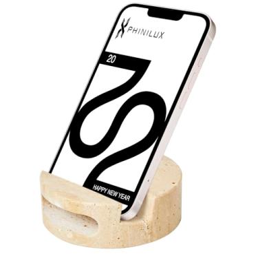 Imagem de PHINILUX Suporte de celular de mármore de luxo com som, suporte de telefone para celular, tablet, mesa de escritório, cozinha, bancada, mesa de cabeceira, redondo, travertino bege
