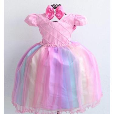Imagem de Vestido Festa Luxo Colorido Princesas Aniversario  Com Tiara, Rosa, 1