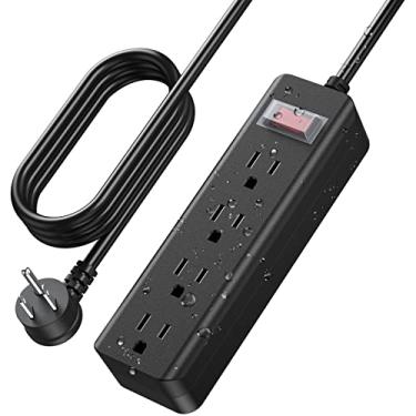 Imagem de CCCEI Cabo de extensão de plugue plano à prova d'água externo de 25 pés, tira de alimentação de 1500J protetor contra surtos à prova de intempéries interno externo múltiplo, 25 pés extra longos, 3 pontas, 4 tomadas, preto (preto, 10FT)