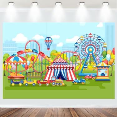 Imagem de Tecido 2,1 x 1,5 m desenho animado parque de diversões, carnaval, circo, tendas, roda-gigante, montanha-russa, trens, carros, playground, crianças, chá de bebê, decoração de festa de aniversário,