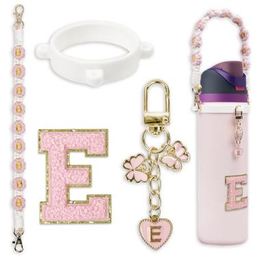 Imagem de SITKOL Lindo conjunto de pingentes de letras para garrafas de água e copos de café Owala 680 g, 947 g, 1,134 g - Inclui alça de alça, compatível com acessórios Owala Free Sip e Stanley Cup (rosa, E)