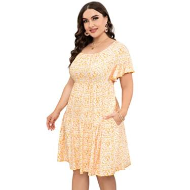 Imagem de Vestido plus size feminino plus size floral decote V manga curta comprimento até o joelho mini vestidos evasê, Flor amarela, 3G