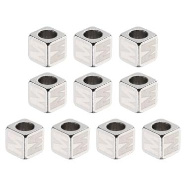Imagem de HARFINGTON 10 peças de contas de aço inoxidável letra do alfabeto m cubo prata metálico grande quadrado contas de dados de metal para joias, pulseiras, colares e brincos
