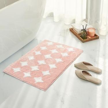 Imagem de Tititex Tapete de banheiro luxuoso com estrelas de losango rosa, 43 cm x 63 cm, clássico, extra macio e absorvente, tapete de banho felpudo antiderrapante para piso de banheiro