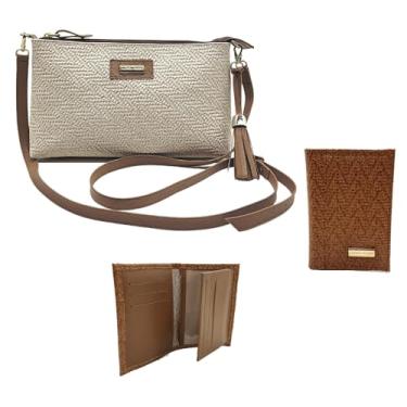 Imagem de Kit Bolsa Feminina Transversal Couro Porta Documentos Couro Premium (Branco Palha)