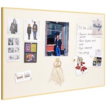 Imagem de Quadro de avisos 76 x 51 cm, quadro de pinos branco aveia, quadro de cortiça de tecido emoldurado de alumínio dourado com 10 pinos