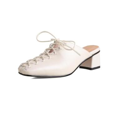 Imagem de TinaCus Sandália feminina de couro legítimo com bico quadrado feita à mão com cadarço e salto grosso, Bege, 35