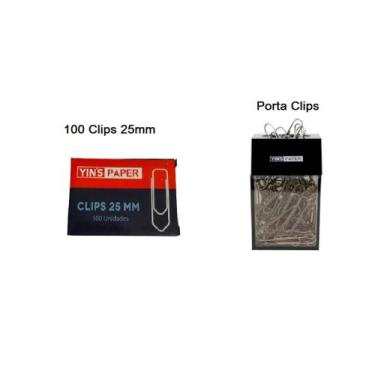 Imagem de Kit 100 Clips Metal 25mm + Porta Clips De Mesa - yins paper 