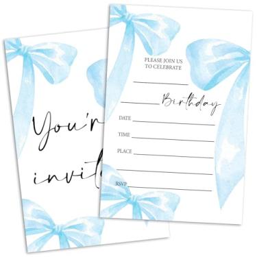 Imagem de RLCNOT Convites de aniversário Blue Bow, convites de festa de aniversário para adultos adolescentes crianças, suprimentos de celebração de festa de aniversário, 20 convites de preenchimento com