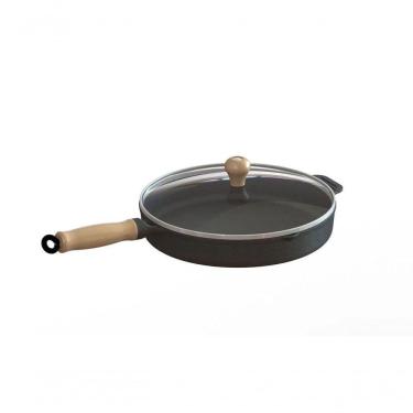 Imagem de Frigideira Ferro Fundido Com Tampa Vidro Cabo Madeira 22Cm