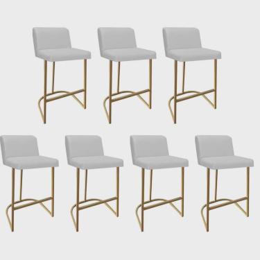 Imagem de Kit 07 Banquetas Com Encosto Noah Luxo Confort Bistrô Cozinha Ferro Dourado Sintético Branco - Ahz Móveis
